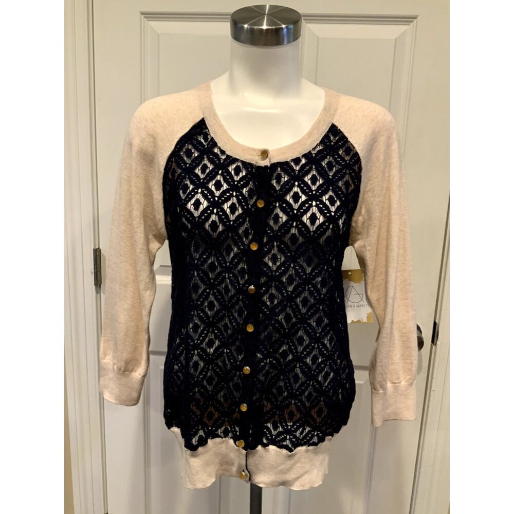 Camellia Tan & Navy Blue Button-Up Cardigan W/ Floral Lace, Size Medium, NWT!